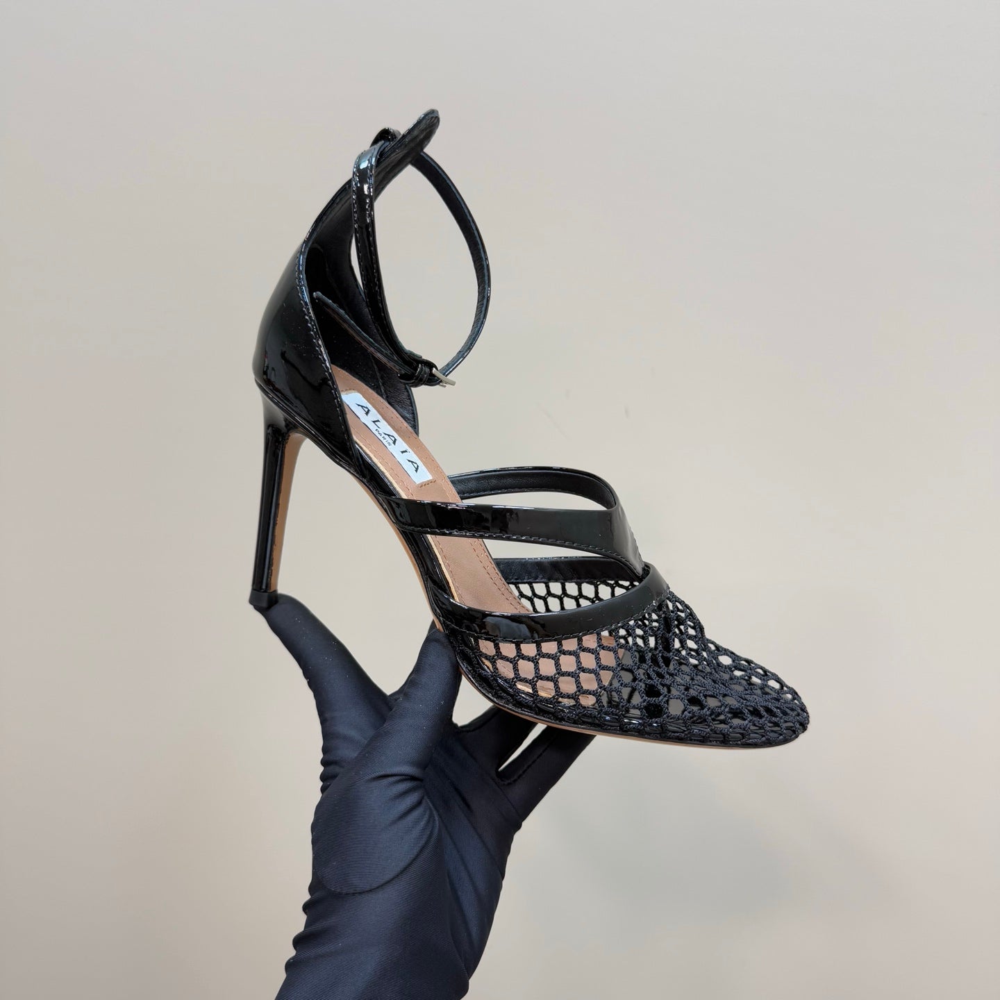 Alaia Fishnet Thong Heels Sandals Black Lambskin 299658