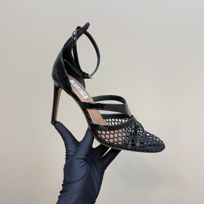 Alaia Fishnet Thong Heels Sandals Black Lambskin 299658