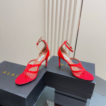 Alaia Fishnet Thong Heels Sandals Red Lambskin 299660