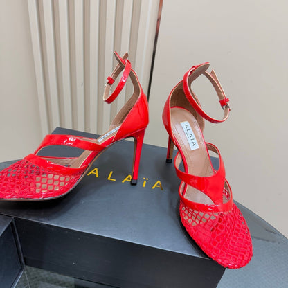 Alaia Fishnet Thong Heels Sandals Red Lambskin 299660