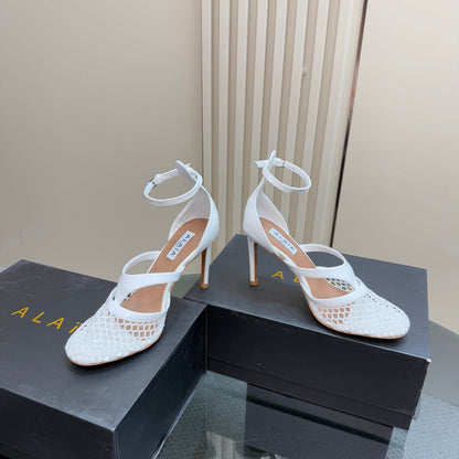 Alaia Fishnet Thong Heels Sandals White Lambskin 299659