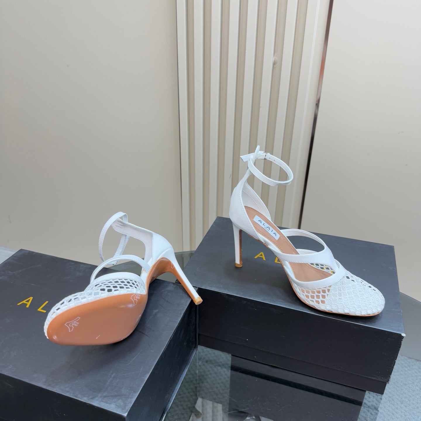 Alaia Fishnet Thong Heels Sandals White Lambskin 299659