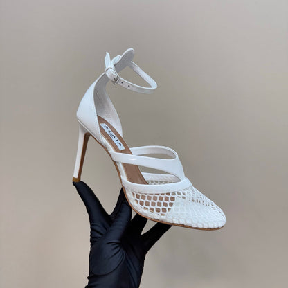 Alaia Fishnet Thong Heels Sandals White Lambskin 299659