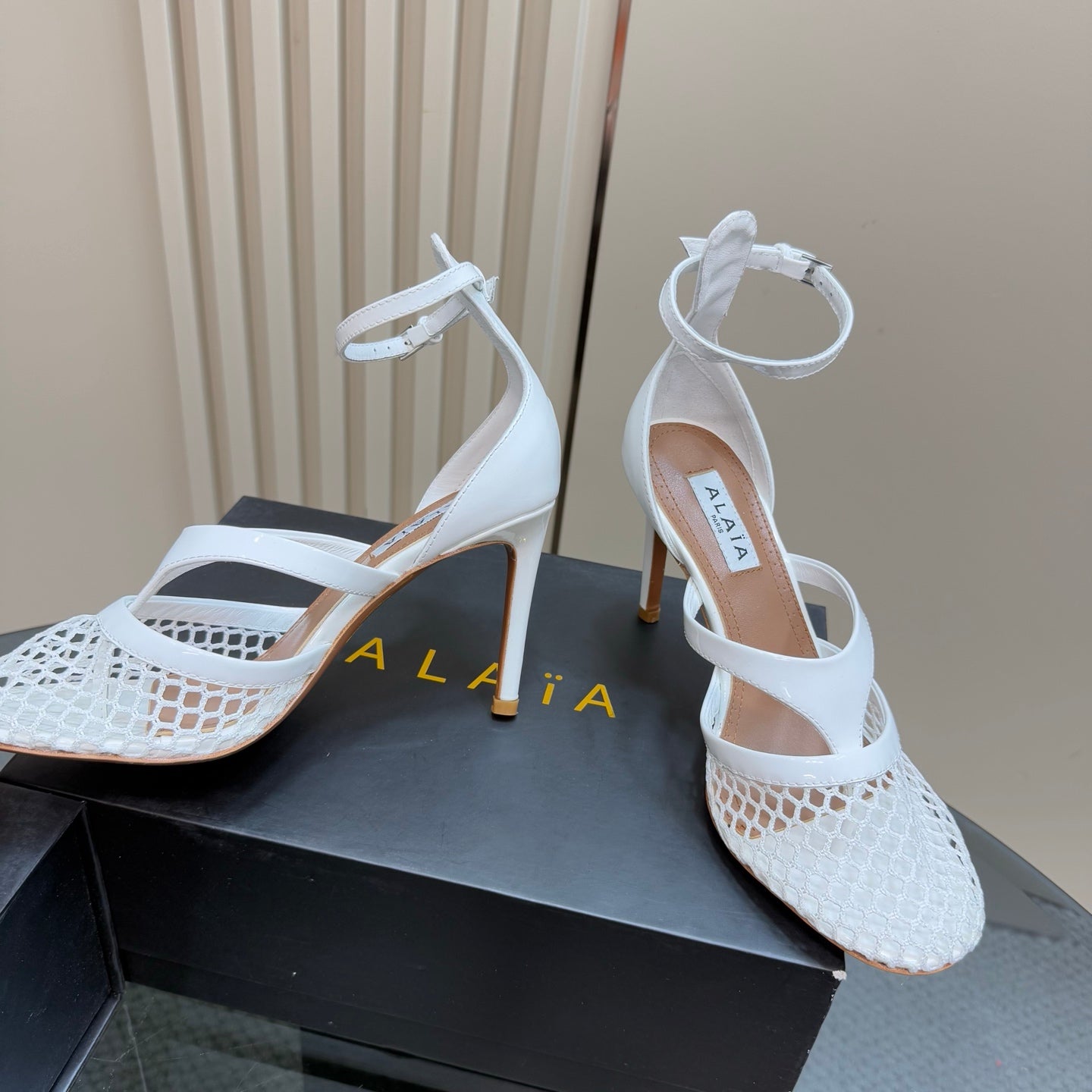 Alaia Fishnet Thong Heels Sandals White Lambskin 299659