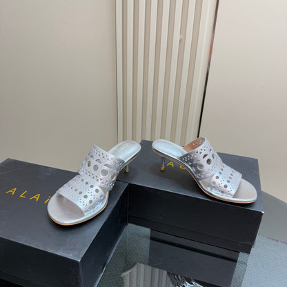 Alaia Vienne Cutout Kitten-Heel Slide Sandals Silver Sheepskin 299664
