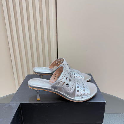 Alaia Vienne Cutout Kitten-Heel Slide Sandals Silver Sheepskin 299664