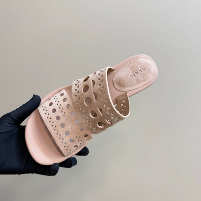 Alaia Vienne Cutout Kitten-Heel Slide Sandals Pink Sheepskin 299665