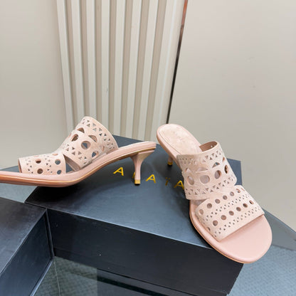 Alaia Vienne Cutout Kitten-Heel Slide Sandals Pink Sheepskin 299665