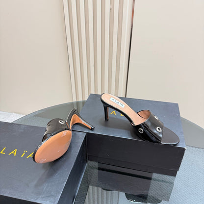 Alaia 2025 Oeillets Embellished Leather Sandals Glossy Black Lambskin 299668