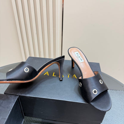 Alaia 2025 Oeillets Embellished Leather Sandals Black Lambskin 299669