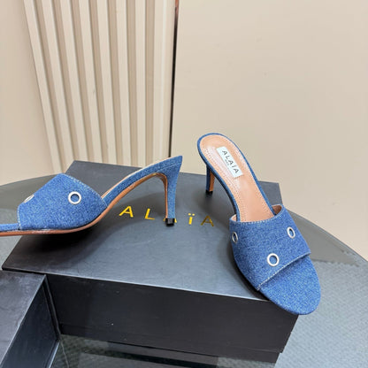 Alaia 2025 Oeillets Embellished Leather Sandals Denim Lambskin 299670