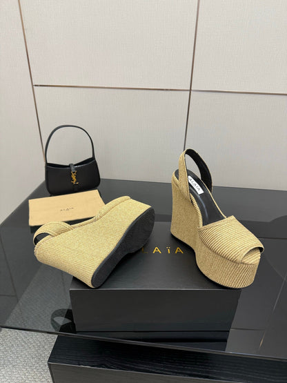 ALAIA platform sandal golden beige sheepskin 389630