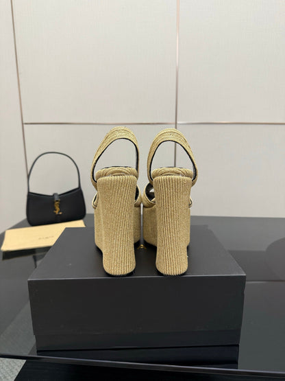 ALAIA platform sandal golden beige sheepskin 389630