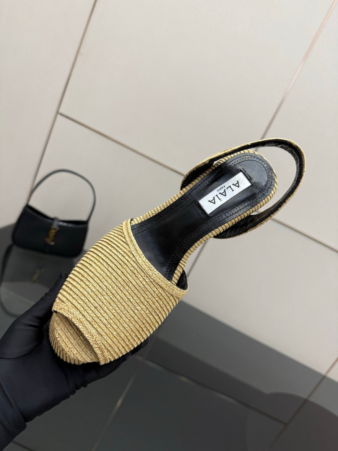 ALAIA platform sandal golden beige sheepskin 389630