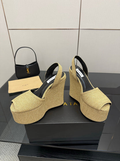 ALAIA platform sandal golden beige sheepskin 389630