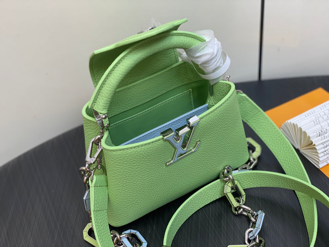 CAPUCINES MINI 21 GREEN TAURILLON TURQUOISE SILVER HARDWARE