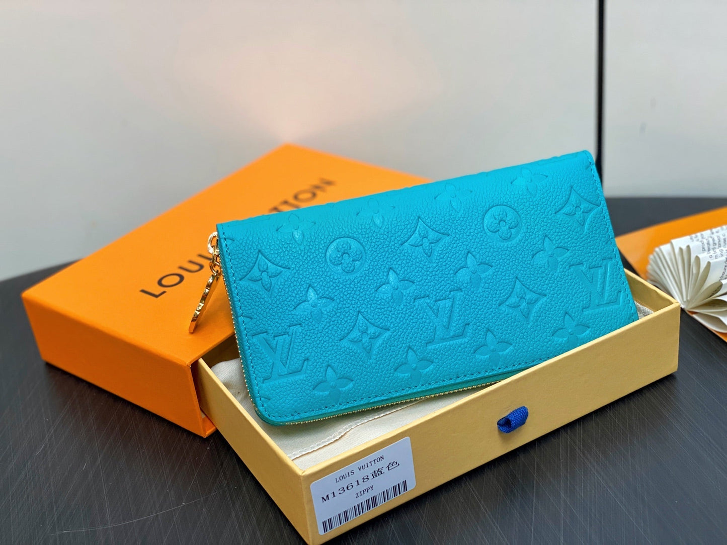 LV Ã— TM Zipper Wallet Blue Gold Leather 329915