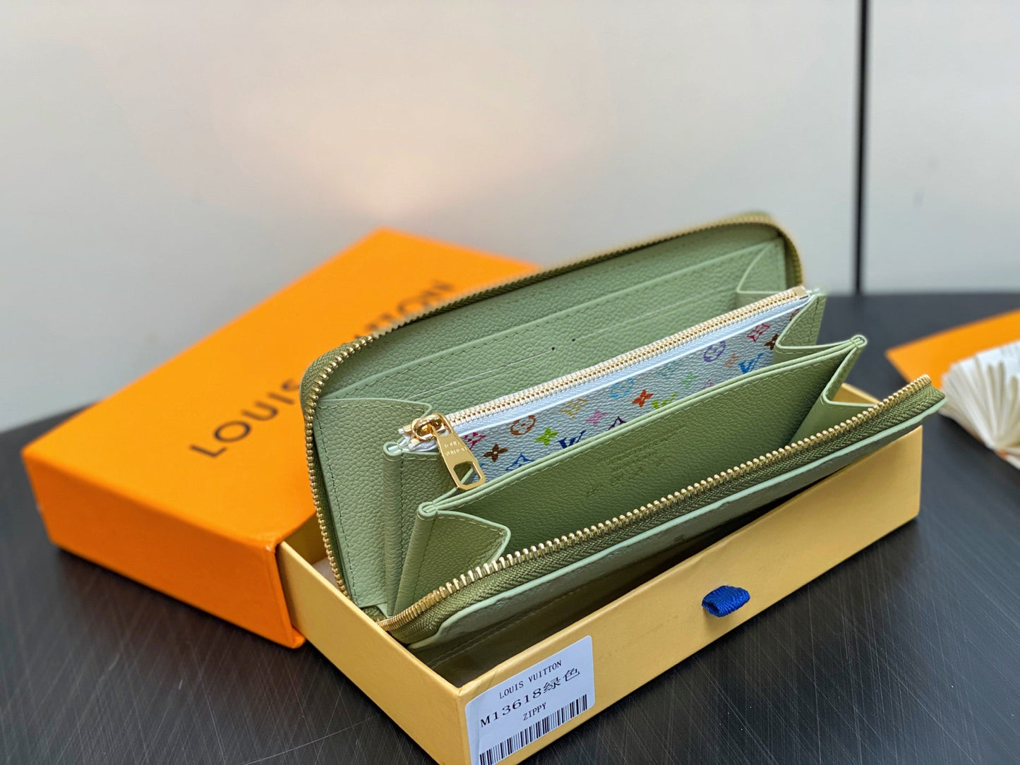 LV Ã— TM Zipper Wallet Green Gold Leather 329877