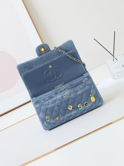 CC 24K Flap Bag 20cm Multi Charm Blue Denim Gold Hardware
