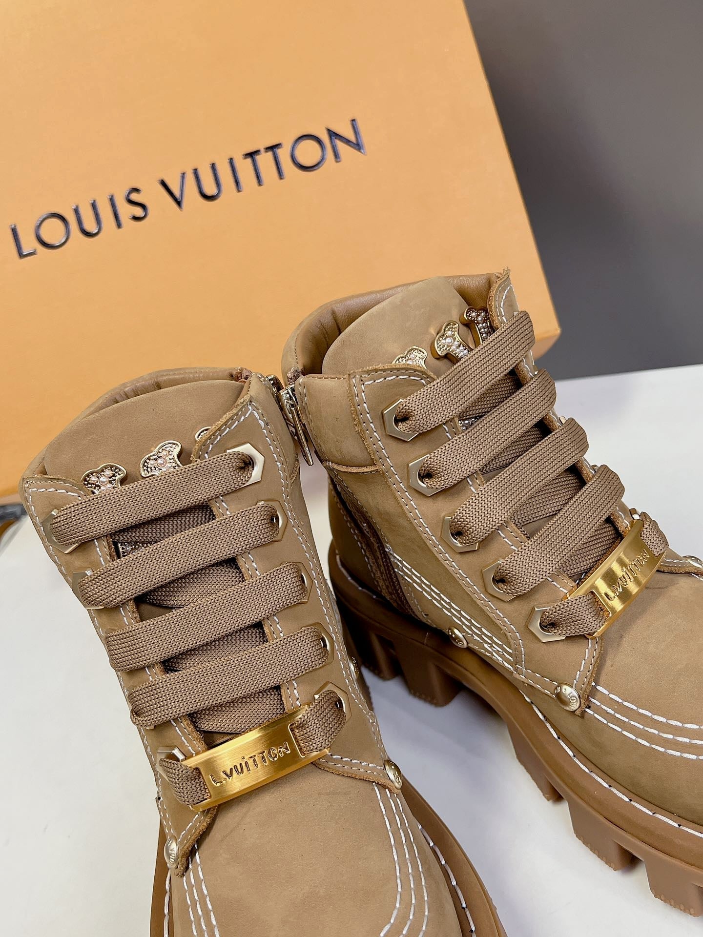 LV Checker Ankle Boots Brown Suede