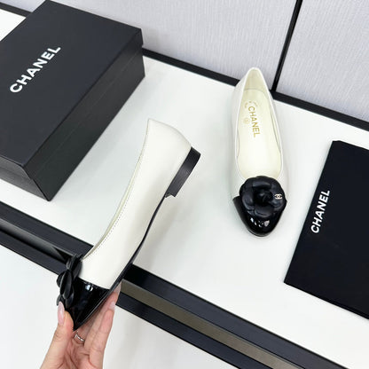 ballet flat flower cream calfskin black patent calfskin