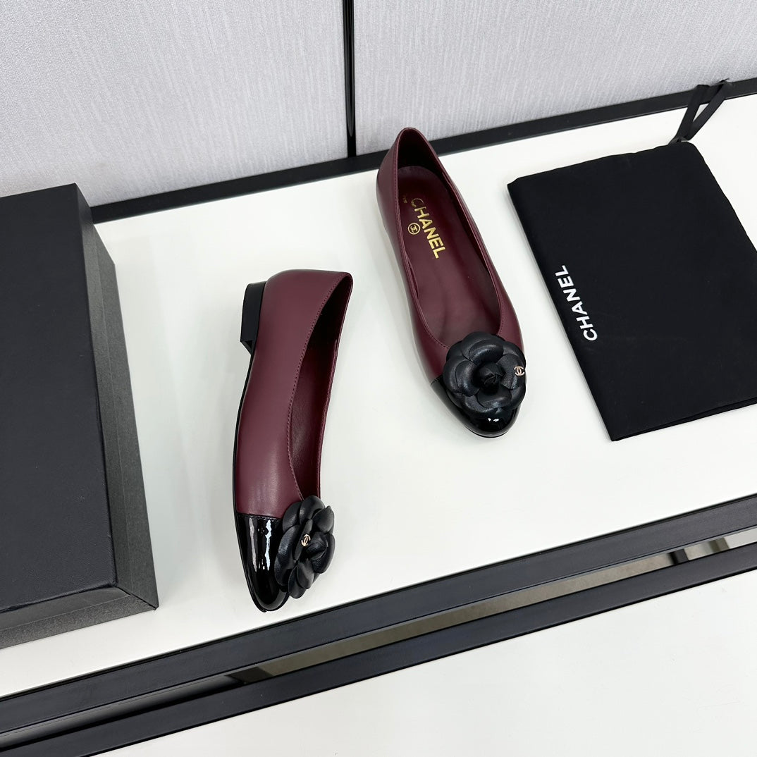 ballet flat flower burgundy calfskin black patent calfskin
