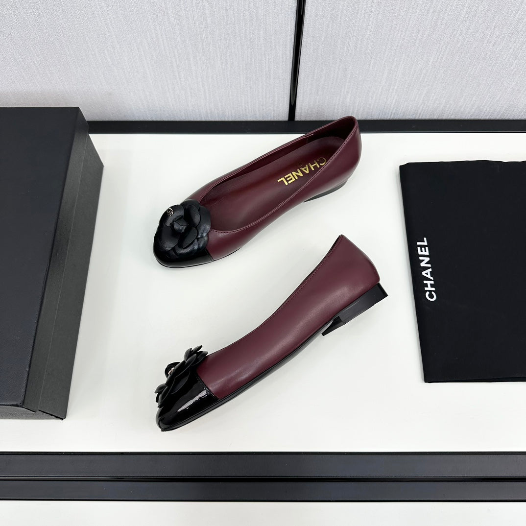 ballet flat flower burgundy calfskin black patent calfskin