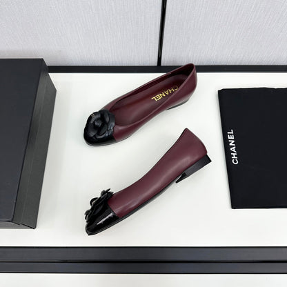 ballet flat flower burgundy calfskin black patent calfskin