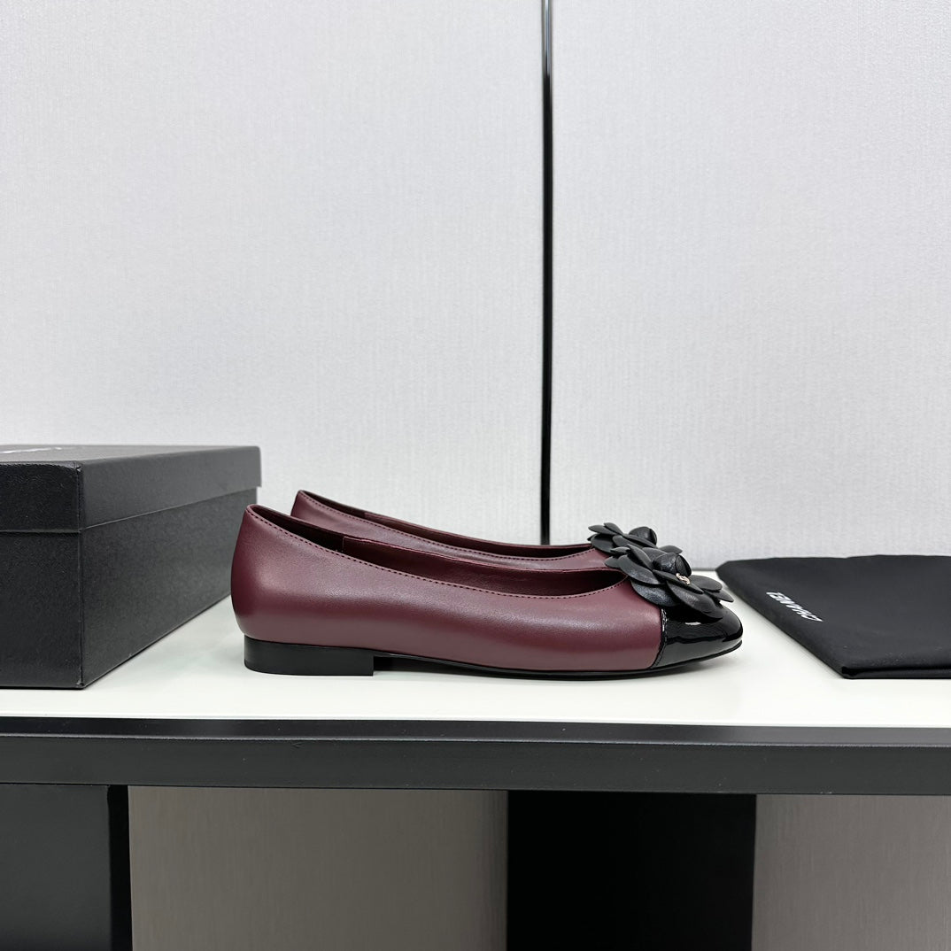 ballet flat flower burgundy calfskin black patent calfskin