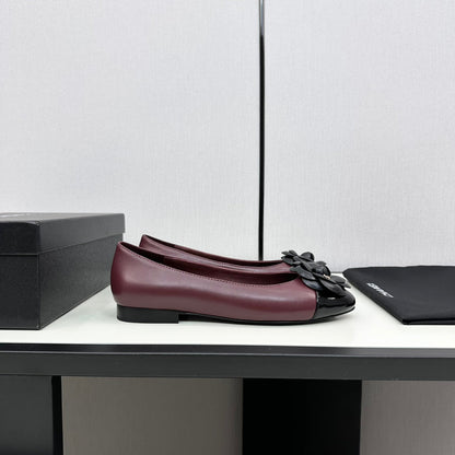 ballet flat flower burgundy calfskin black patent calfskin
