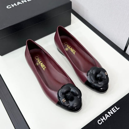ballet flat flower burgundy calfskin black patent calfskin
