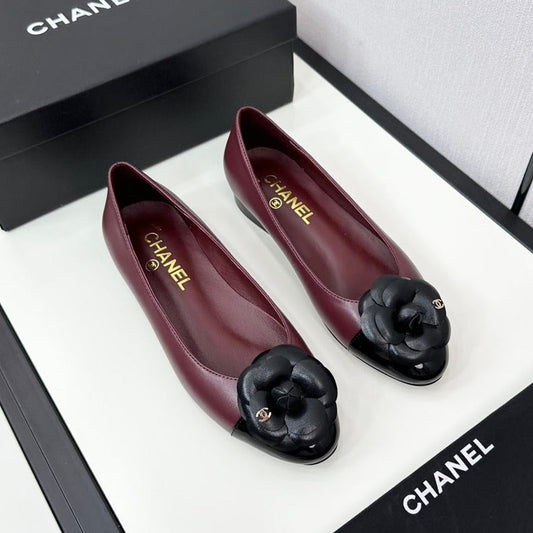 ballet flat flower burgundy calfskin black patent calfskin