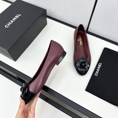 ballet flat flower burgundy calfskin black patent calfskin