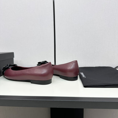 ballet flat flower burgundy calfskin black patent calfskin