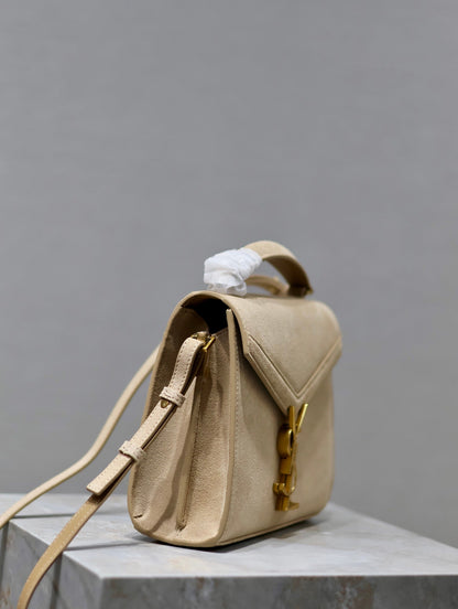 CASSANDRA MINI TOP HANDLE BAG 20 IN BEIGE SUEDE GOLD HARDWARE