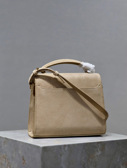 CASSANDRA MINI TOP HANDLE BAG 20 IN BEIGE SUEDE GOLD HARDWARE