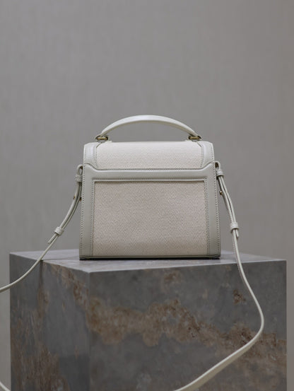 CASSANDRA MINI TOP HANDLE BAG 20 IN WHITE CANVAS AND LEATHER TRIM