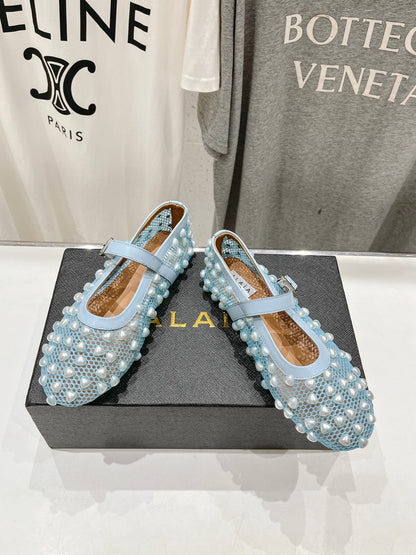 ALAIA PEARL MARY JANE SHOES IN LIGHT BLUE MESH AND CALFSKIN