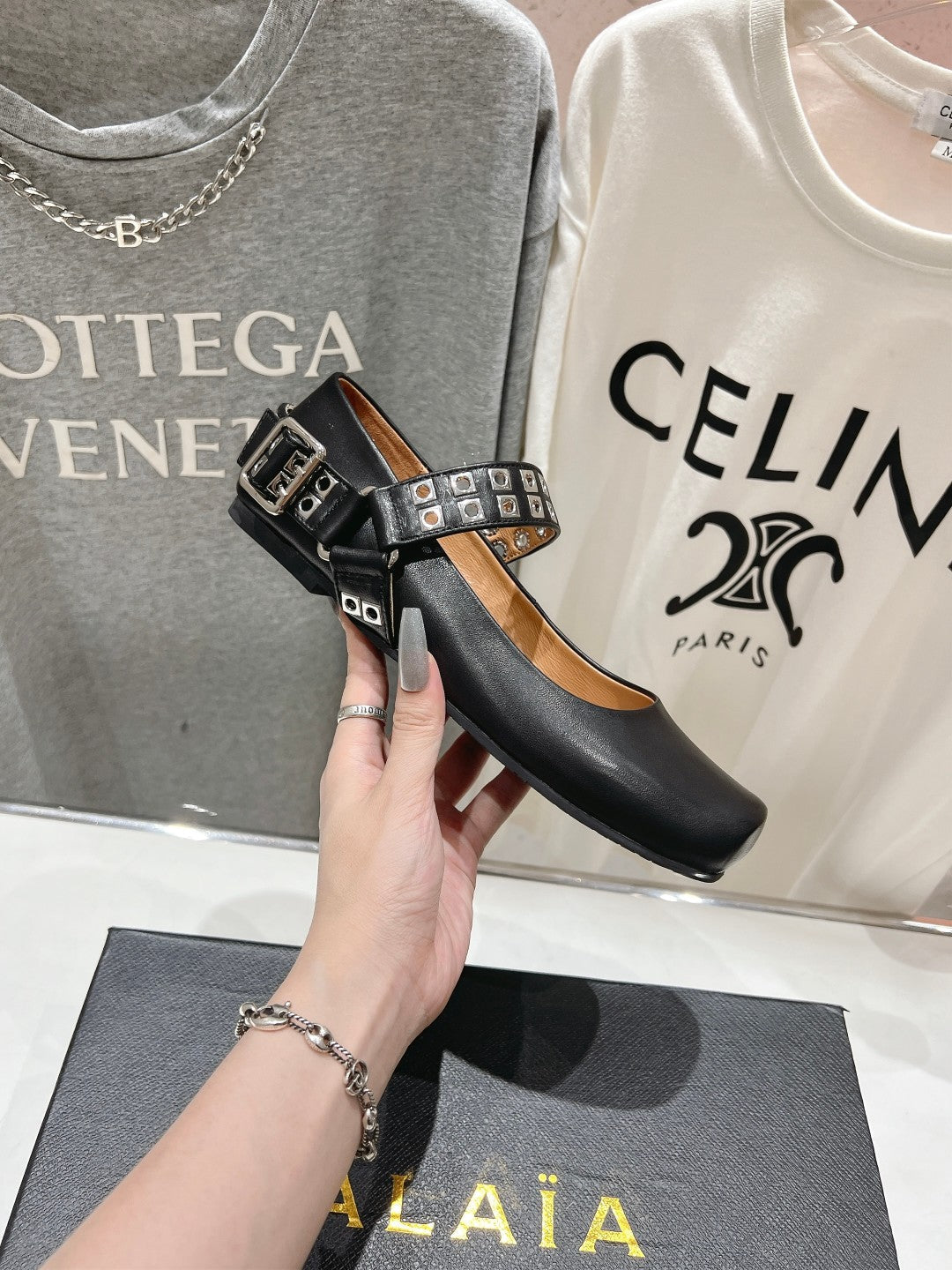 Alaila Biker Ballet Flats In Black Cowhide 911434