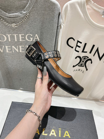 Alaila Biker Ballet Flats In Black Cowhide 911434