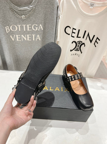 Alaila Biker Ballet Flats In Black Cowhide 911434