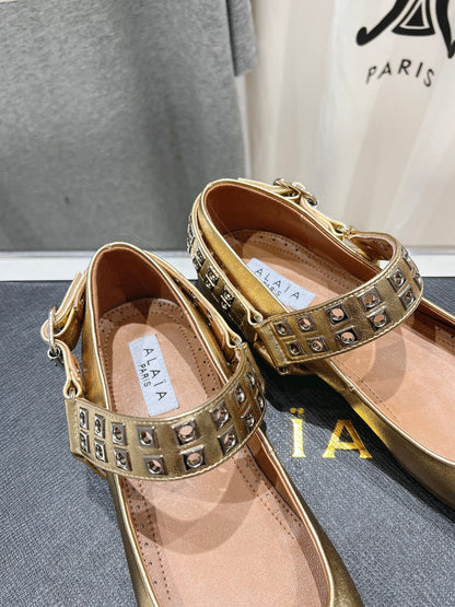 Alaila Biker Ballet Flats In Gold Cowhide  911444