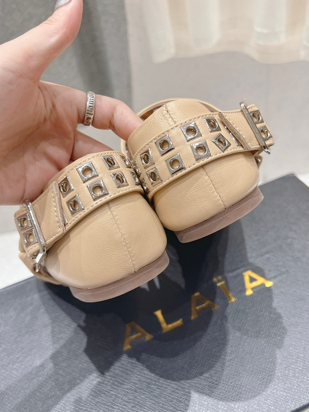 Alaila Biker Ballet Flats In Beige Cowhide 911448
