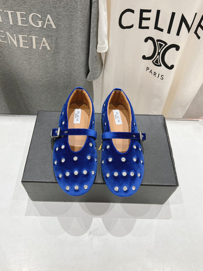 Alaila Ballet Flats In Dark Blue Velvet With Rhinestones 971996