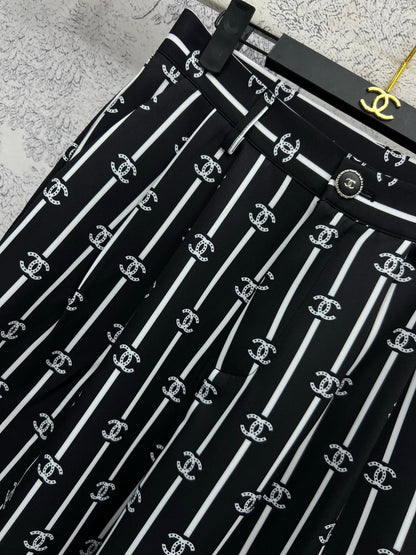 CC 25 Wide Leg Pants Black White Polyester Fiber