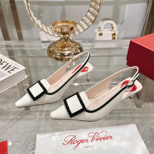Belle Viv Metal Buckle Slingback Pumps 65 White Black Patent Leather