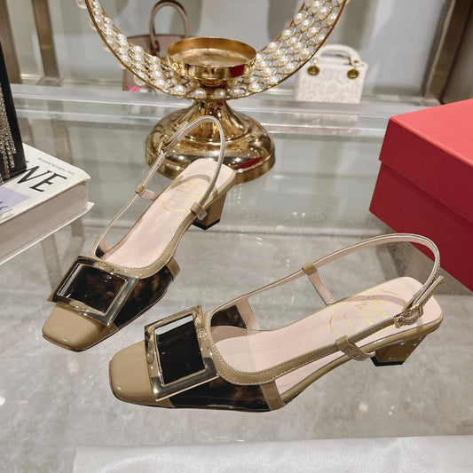 Belle Viv Metal Buckle Slingback Pumps 45 Camel Patent Leather