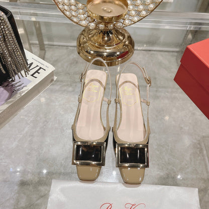 Belle Viv Metal Buckle Slingback Pumps 45 Camel Patent Leather