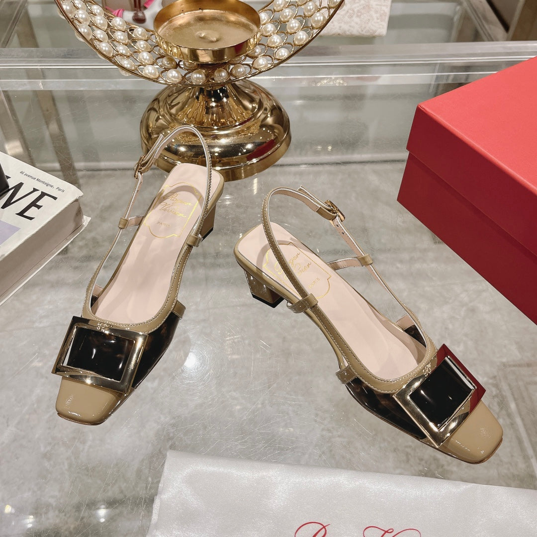 Belle Viv Metal Buckle Slingback Pumps 45 Camel Patent Leather