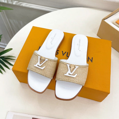 lv capri flat mule beige raffia white calfskin